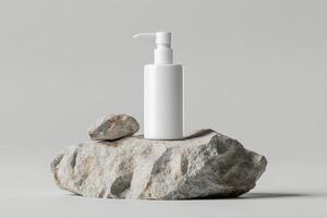 Showcase your brand with this elegant pump bottle mockup, ideal for lotions or beverages, displayed against a beautiful natural stone backdrop for a visually appealing presentation photo