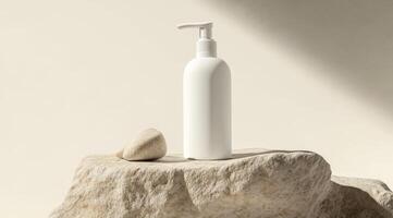 This stylish white pump bottle mockup is ideal for showcasing lotions or beverages in a visually appealing manner, elegantly presented on a textured stone surface that enhances its aesthetic appeal photo