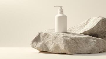This elegant white pump bottle on a natural stone surface showcases luxurious lotions or beverages, embodying a captivating minimalist aesthetic that enhances the overall presentation photo