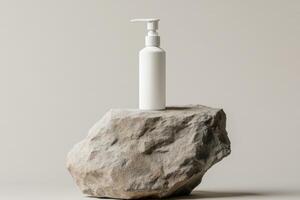 Showcase your unique brand by utilizing this stylish pump bottle mockup that is elegantly presented on a beautiful natural stone base, making it perfect for displaying lotions or refreshing beverages photo
