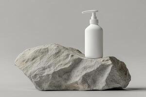 A sleek white pump bottle sits elegantly on a textured rock, showcasing beverages or luxurious lotions, enhancing contemporary aesthetics and adding sophistication to the environment photo