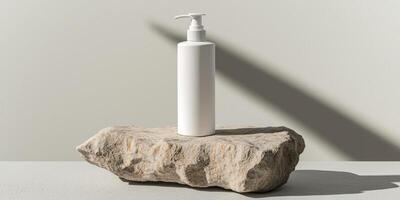 This stylish pump bottle mockup is showcased on a textured stone surface, ideal for branding beverages or lotions. Its minimalist design enhances visual appeal, capturing attention effortlessly photo