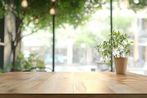 Envision a rustic wooden table in a vibrant garden, creating a warm atmosphere that showcases beautiful products and tranquility, making it an ideal workspace for relaxation and creativity photo