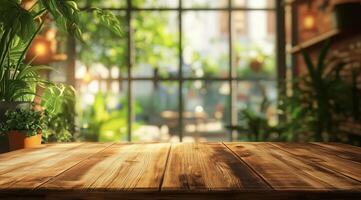 A beautifully crafted wooden table stands against a softly blurred vibrant green garden backdrop, creating an elegant atmosphere ideal for showcasing the tranquility and beauty of nature photo