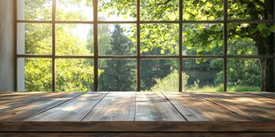 Imagine a serene, empty wooden table against a blurred lush garden. This scene is ideal for showcasing products or creating a calming atmosphere that encourages relaxation and mindfulness photo