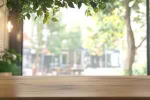 An elegantly serene and empty wooden table top positioned in front of a beautifully blurred green garden backdrop, which is ideal for showcasing various products or decorative items photo