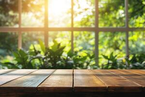 An inviting empty wooden table top, perfectly arranged with a bright, blurred green garden background, is an ideal setting for showcasing various products or decorative items and ornaments photo