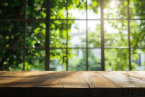 A beautifully serene and completely empty wooden table top is set against a soft and blurred green garden backdrop, creating the perfect atmosphere for showcasing products in a natural light ambiance photo