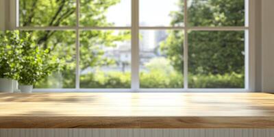 An empty wooden tabletop, elegantly positioned against a softfocused view of a lush green garden, creates the perfect backdrop to showcase products, all while highlighting a natural aesthetic photo