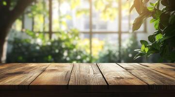 A beautifully serene wooden table top set beautifully against a blurred green garden backdrop, making it perfect for product display and effectively showcasing the stunning beauty of nature photo