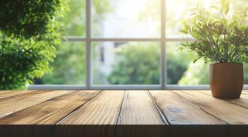 A beautifully serene wooden table top set against a softly blurred green garden background, which creates an ideal atmosphere for product display while showcasing the elegance of natural beauty photo
