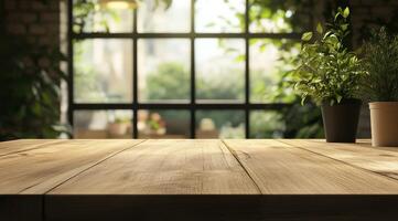 An empty wooden tabletop is set against a beautifully blurred green garden backdrop, making it an ideal and inviting surface for displaying products or showcasing artistic presentations with elegance photo