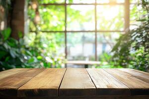 A rustic wooden tabletop stands against a blurred green garden backdrop, creating a serene ambiance perfect for showcasing products or inspiring creativity in various artistic endeavors photo