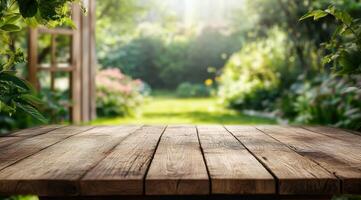 An empty wooden table top gracefully positioned in a stunning garden environment, serving as an ideal backdrop for product display, creative photography, or any artistic presentation photo