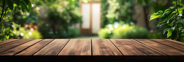 An empty wooden table positioned against a serene garden backdrop, making it the perfect setting for product displays or showcasing various items in an aesthetically pleasing manner photo