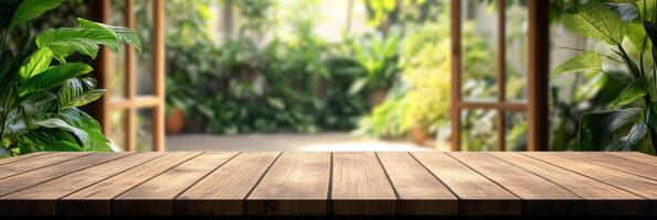 A beautifully designed wooden table against a blurred green garden backdrop serves as a canvas for showcasing products, fostering creativity, calmness, and enhancing the ambiance for displays photo