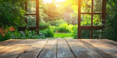 An empty wooden tabletop sits in front of a softly blurred green garden background, creating an ideal display for showcasing products. Let the beauty of nature enhance your presentation photo