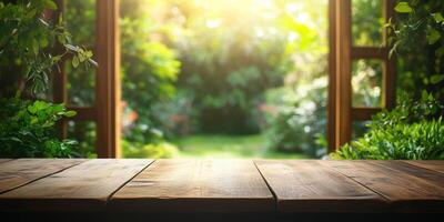 A beautifully crafted wooden table top set against a softly blurred green garden backdrop, ideal for showcasing various products or establishing a soothing and calming aesthetic ambiance photo