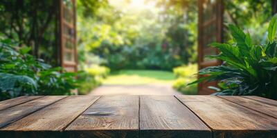 An empty wooden table top set against a beautifully blurred lush green garden background, an ideal setting for showcasing various products or creating a serene and tranquil atmosphere for relaxation photo