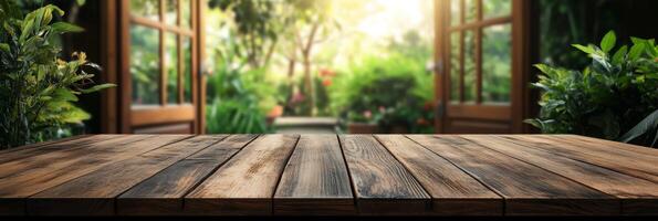 An empty wooden tabletop sits elegantly against a serene, softly blurred garden background, ideal for effectively showcasing products in a beautifully natural and inviting setting photo