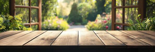 An empty wooden tabletop presents a serene and inviting view of a softly blurred green garden, making it ideal for elegant product displays and natureinspired themes that evoke tranquility photo