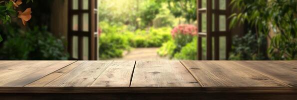 An elegantly rustic wooden table is perfectly positioned to showcase an array of products, set against the backdrop of a gloriously blurred green garden, fostering a tranquil and peaceful atmosphere photo