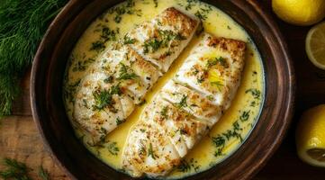 A beautifully succulent top view of a perfectly steamed cod fillet, artfully garnished with fresh herbs and zesty lemon slices, making it an ideal choice for a healthy and nourishing meal option photo