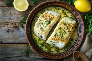 A delectable and inviting top view of beautifully steamed cod fillets that are perfectly garnished with fresh herbs and vibrant lemon slices, making them ideal for healthy and nutritious meals photo
