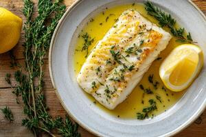 Enjoy a steamed cod fillet, garnished with fresh herbs, juicy lemon slices, and a drizzle of olive oilan ideal healthy meal that pleases your taste buds and meets your hunger and nutritional needs photo