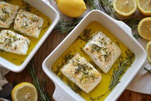Delicious succulent cod fillets that are steamed perfectly with fresh lemon and aromatic herbs, making it an excellent choice for a healthy and nutritious meal to enjoy any time of the day photo