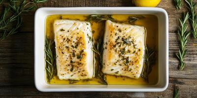 This top view showcases a tender, steamed cod fillet drizzled with fresh herbs and zesty lemon juice in highquality olive oil, highlighting its culinary appeal and health benefits photo