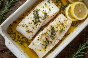 Savor a delectable steamed cod fillet, elegantly drizzled with a medley of fresh herbs and zesty lemon, transforming it into a wholesome and nutritious meal choice that you are sure to love and enjoy photo