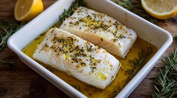 Enjoy a steamed cod fillet drizzled with olive oil, fresh herbs, and zesty lemon juice. This nutritious dish delights the senses with its flavors and elegant presentation, impressing any food lover photo