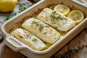 Savor the taste of delicious steamed cod fillets that are expertly seasoned with a blend of fresh herbs and topped with fragrant lemon slices, creating a healthy yet satisfying meal option photo