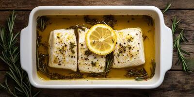 Savor a delicious steamed cod fillet, garnished with lemon slices and fresh herbs, drizzled with quality olive oil. This is a healthy, flavorful seafood option pleasing to the palate and wellbeing photo