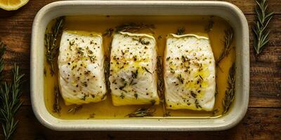 Deliciously steamed cod fillets, beautifully garnished with fresh herbs, a drizzle of olive oil, and a splash of lemon juice, create a healthy, nourishing, and flavorful dish ideal for dining photo
