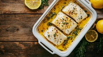 Enjoy the delightful flavors of steamed cod fillets drizzled with zesty lemon juice and fragrant herbs. This dish is delicious and healthy, making it perfect for seafood lovers at any meal photo