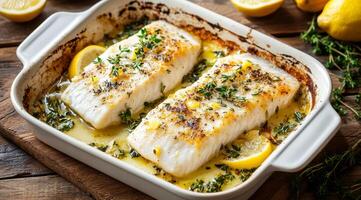 This dish features a baked cod fillet drizzled with fresh lemon juice and garnished with vibrant herbs, making it a nutritious and flavorful choice for a delightful dinner everyone will enjoy photo