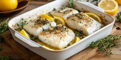 A delicious and nutritious steamed cod fillet beautifully garnished with fresh lemon slices and gardenfresh thyme, making it the perfect option for a healthy and satisfying meal choice photo