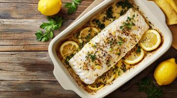 Here is a stunning top view of a beautifully steamed cod fillet, elegantly garnished with vibrant lemon slices and fresh herbs, making it the perfect choice for a wholesome and nutritious meal photo
