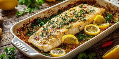 A beautifully arranged top view of an appetizing steamed cod fillet, artfully garnished with fresh herbs and vibrant lemon slices, making it a perfect choice for a nutritious and healthy meal option photo