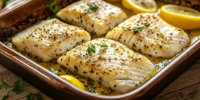 Tender, perfectly steamed cod fillets are beautifully garnished with fresh lemon slices and a medley of aromatic herbs, making them an excellent and ideal choice for a nutritious, healthy meal option photo
