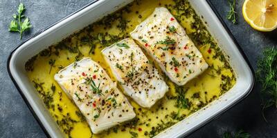 A beautiful top view of tender steamed cod fillets drizzled with olive oil, fresh herbs, and lemon. This light and flavorful seafood dish is perfect for lunch or dinner, enhancing your meals photo