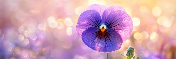 A stunning closeup of a pansy flower showcasing vibrant purple petals against a dreamy, soft background photo
