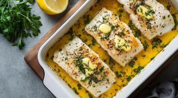 Indulge in a delicious steamed cod fillet that is generously drizzled with fresh lemon juice and aromatic herbs, making it the perfect choice for a nutritious and healthy meal option photo