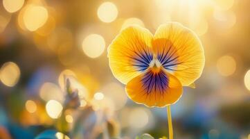 A stunning pansy with captivating yellow and blue petals, highlighted in soft golden light and elegantly surrounded by magical bokeh, enhancing its overall charm and visual appeal photo