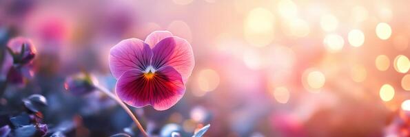 A captivating and beautiful pansy flower stands out splendidly against a dreamy, soft bokeh background, showcasing its vibrant colors and delicate petals that seem to dance in the light photo
