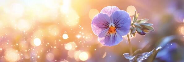 A stunning pansy with vibrant purple hues stands out against a dreamy backdrop of warm bokeh lights, creating an enchanting atmosphere that captivates viewers and ignites imagination photo