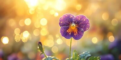 A closeup of a stunning purple pansy flower, illuminated by soft sunlight, showcases its vibrant colors and exquisite petals, creating a captivating sight that draws your attention photo