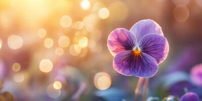 A stunning and vibrant pansy flower showcases an array of deep purple hues, elegantly illuminated by gentle and soft sunlight, which creates a wonderfully serene and truly enchanting atmosphere photo